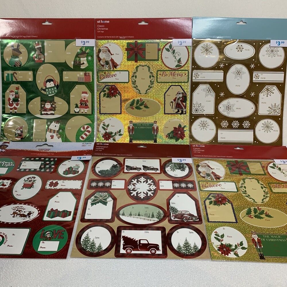 Christmas Stickers Gift Tag 2 Pack Random Variety Peel  & Stick Gold Present Joy